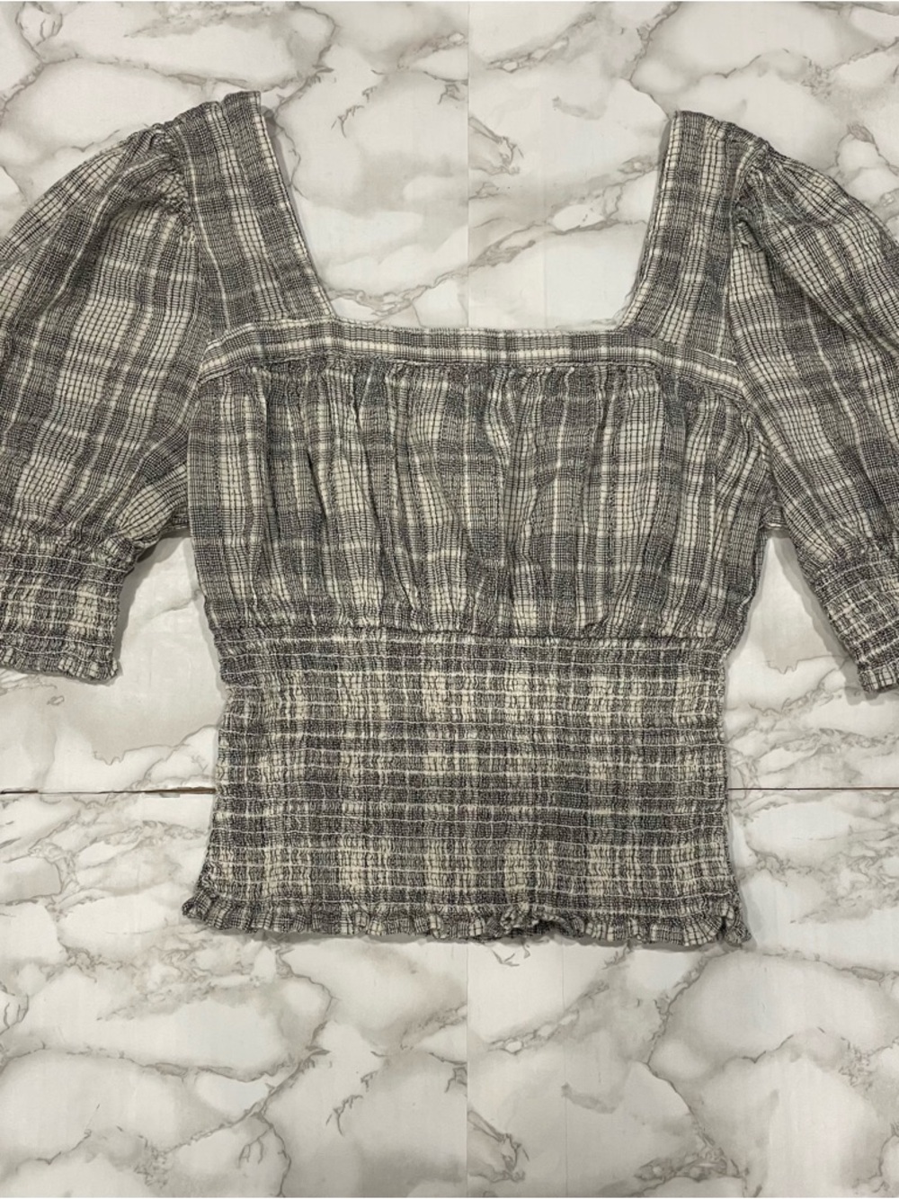 Universal Thread Smocked Blouse in Gray Plaid